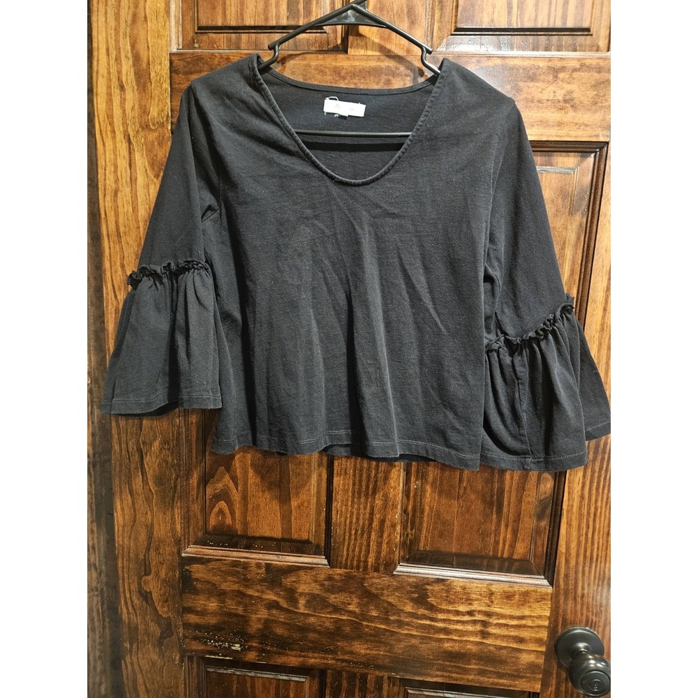 Madewell XXS Black Long Sleeve Blouse V-Neck Bell Sleeve Ruffle Top